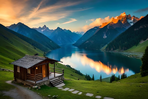 Een hut aan een bergmeer met een zonsondergang op de achtergrond