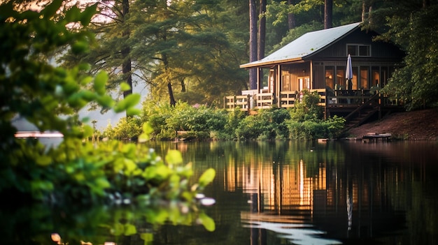 Een hut aan het meer bij de lodge bij de lodge bij de lodge op de top van de berg.