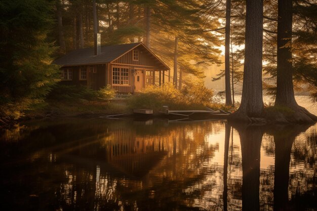 Een hut aan het water bij zonsondergang