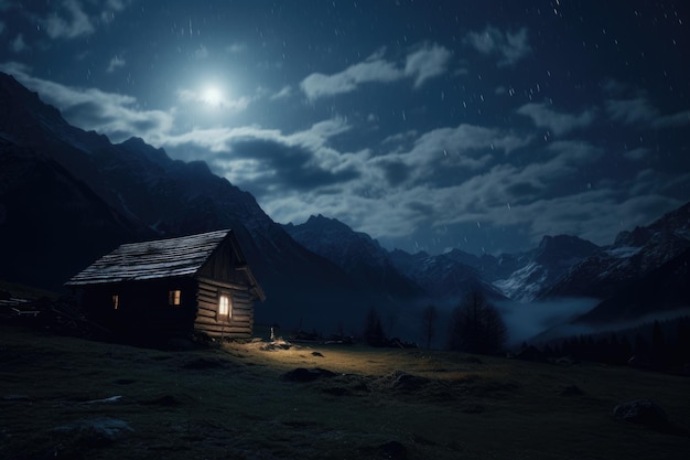 Een hut in de bergen onder een volle maan.
