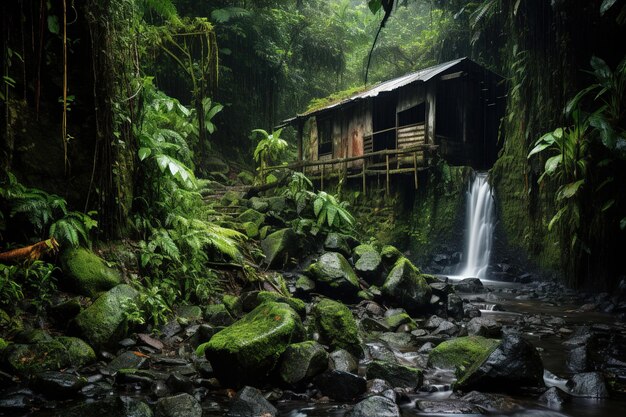 een hut in de jungle met een waterval Generative Ai