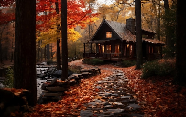 Een hut in het bos omringd door bomen AI