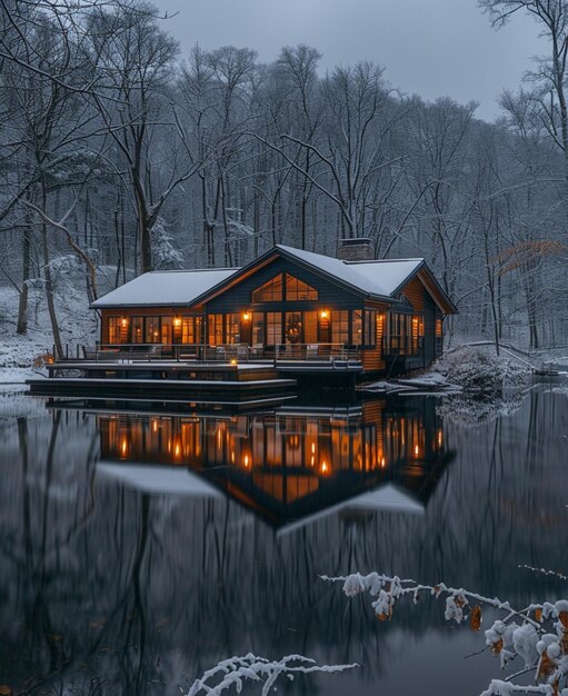 een hut met een weerspiegeling van een hut in het water die door AI is gegenereerd