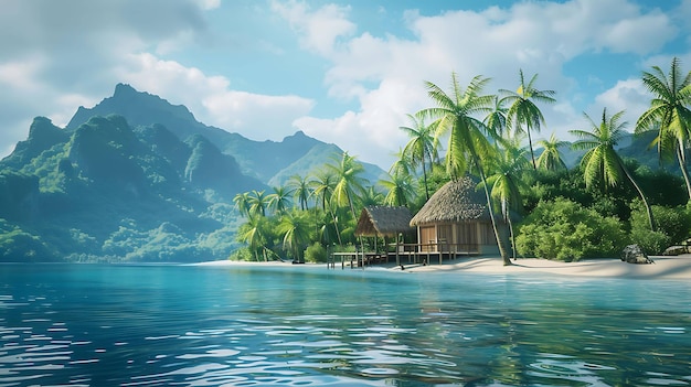 Een hut met rieten dak op een tropisch strand met palmbomen en bergen op de achtergrond Het water is kristalhelder en het zand is wit en zacht