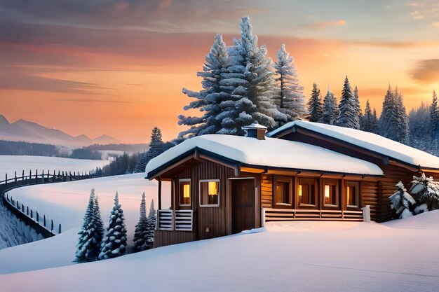 een hut met sneeuw op het dak