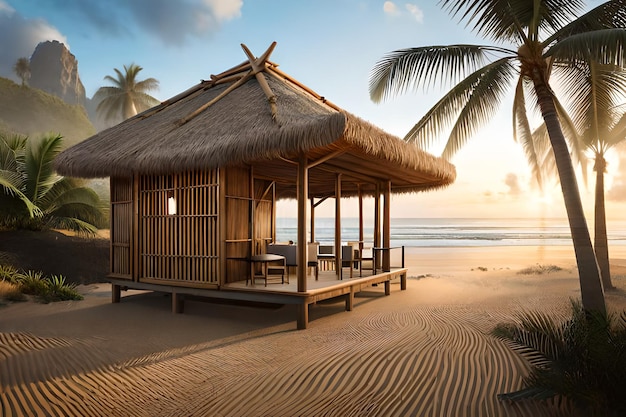 Een hut op een strand met palmbomen en ondergaande zon