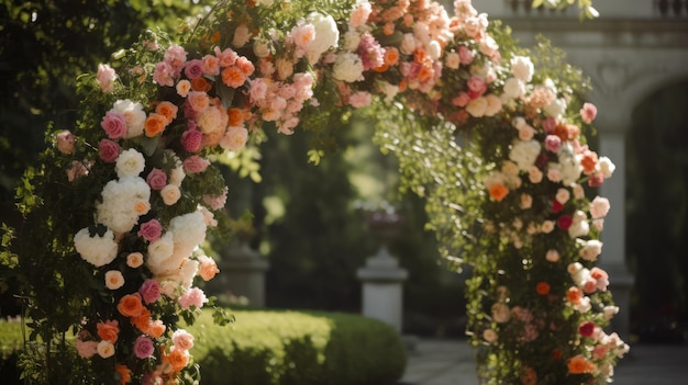 Een huwelijksboog met roze en witte bloemen is versierd met rozen.