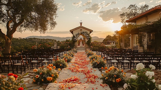 een huwelijksceremonie met bloemen op de grond en een grote boog met een berg op de achtergrond