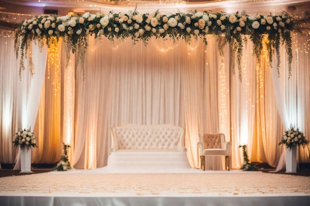 een huwelijksceremonie met een bed en een grote luifel met bloemen erop