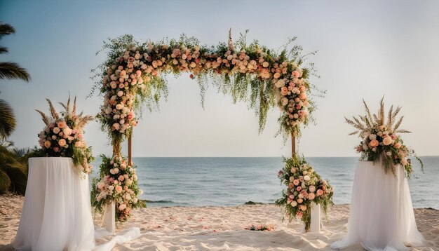een huwelijksceremonie op een strand met bloemen op de bodem