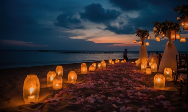 Een huwelijksceremonie op het strand bij zonsondergang