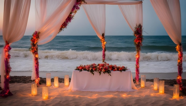 een huwelijksceremonie op het strand met kaarsen en bloemen