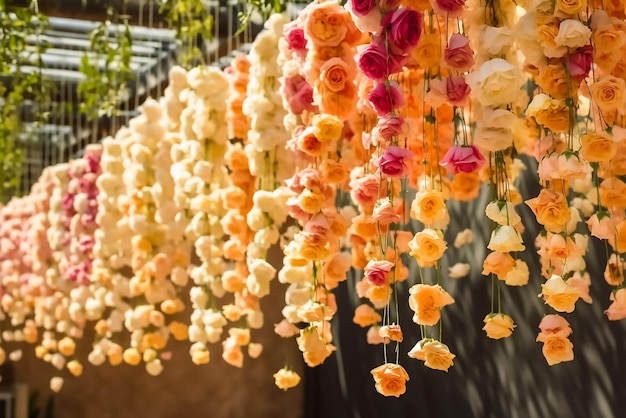 Een huwelijksdecoratie met bloemen die aan het plafond hangen