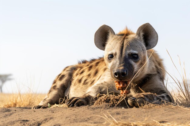 Foto een hyena die in de modder ligt