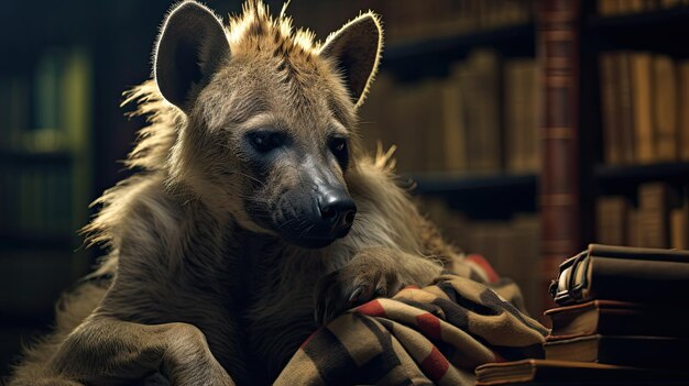 Foto een hyena zit in een bibliotheek ondergedompeld in het lezen van klassieke literatuur hyper real hd 4k