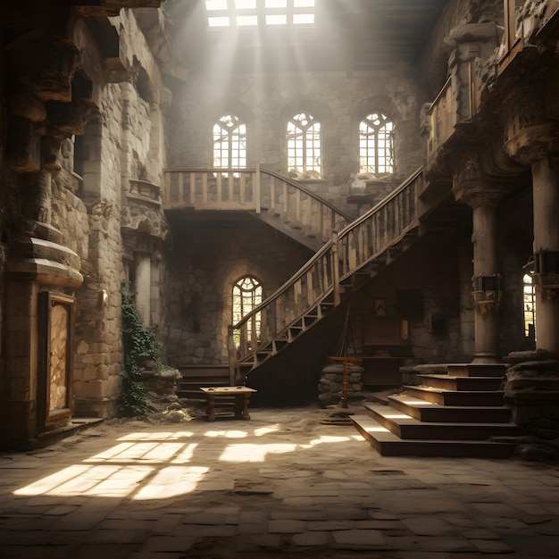 een hype-realistische, heldere foto van de binnenkant van een middeleeuws kasteel