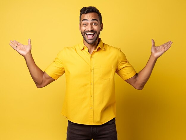 Een hyper-realistische gelukkigste Indiase knappe man in een chex shirt met zijn handen omhoog geïsoleerd op een gele achtergrond