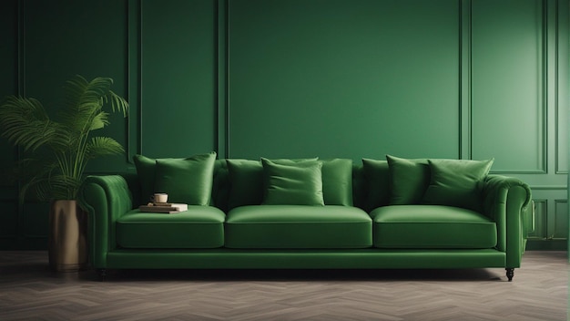 Een hyper realistische groene bank met lichtgroene muur achtergrond 8k