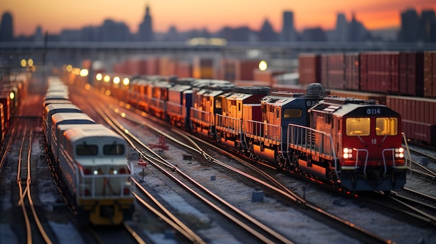 Een hypergedetailleerde opname van treinwagons gevuld met containers