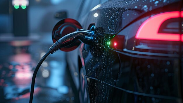 Een hyperrealistische afbeelding van een elektrische auto oplaadstation met een close-up van de stroomvoorziening die in het voertuig is aangesloten De textuur van de oplaadkabel AI Generative