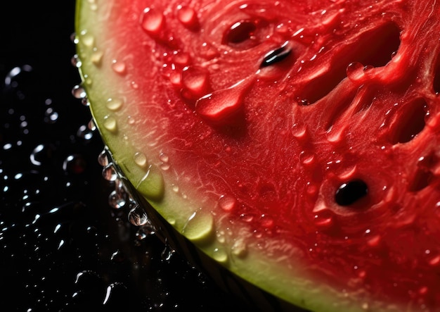 Een hyperrealistische close-up opname van een stukje watermeloen met druppels sap glinsterend op het