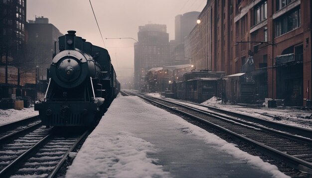 Foto een hyperrealistische en dramatische scène van de laatste trein onthult de stad