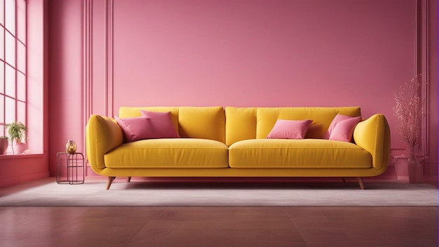 Een hyperrealistische gele bank met roze muurachtergrond 8k