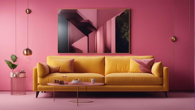 Een hyperrealistische gele bank met roze muurachtergrond 8k