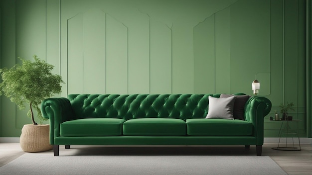 Een hyperrealistische groene bank met lichtgroene muurachtergrond 8k