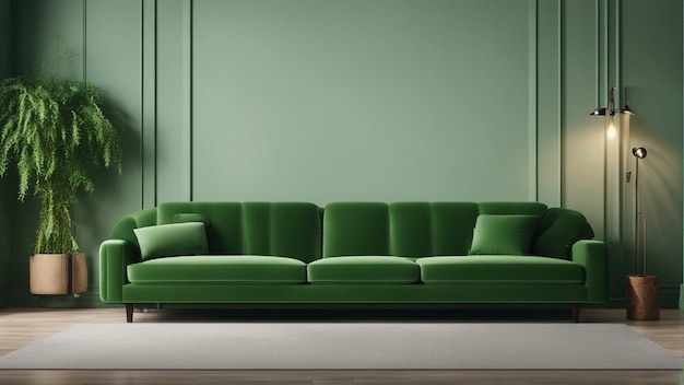 Een hyperrealistische groene bank met lichtgroene muurachtergrond 8k
