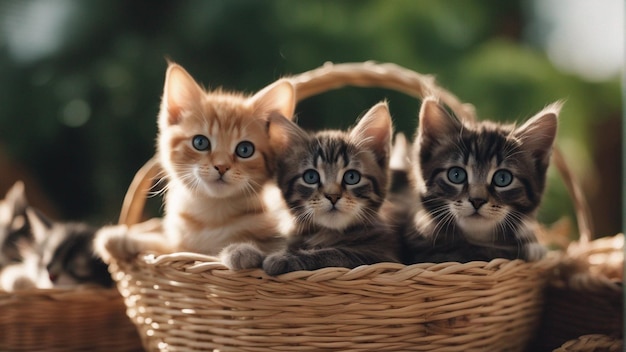 Een hyperrealistische groep katten in de mand Blauwe achtergrond
