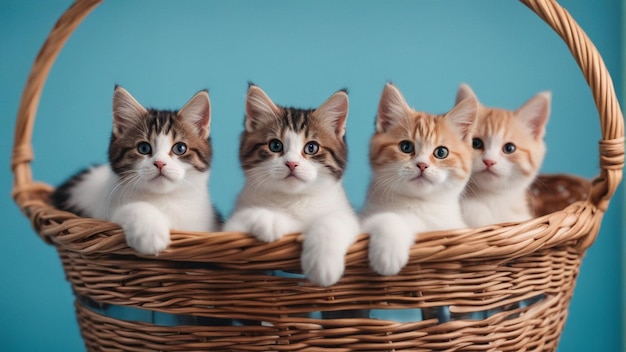 Een hyperrealistische groep katten in de mand Blauwe achtergrond