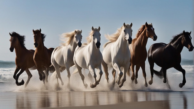 Foto een hyperrealistische groep paarden die op het strand rent