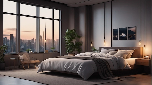 Een hyperrealistische moderne slaapkamer met raam 8k