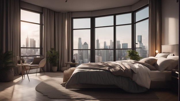 Een hyperrealistische moderne slaapkamer met raam 8k
