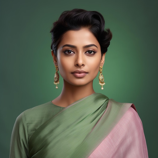 Een hyperrealistische mooie elegante Indiase vrouw die lichtroze linnen salwar kort haar draagt