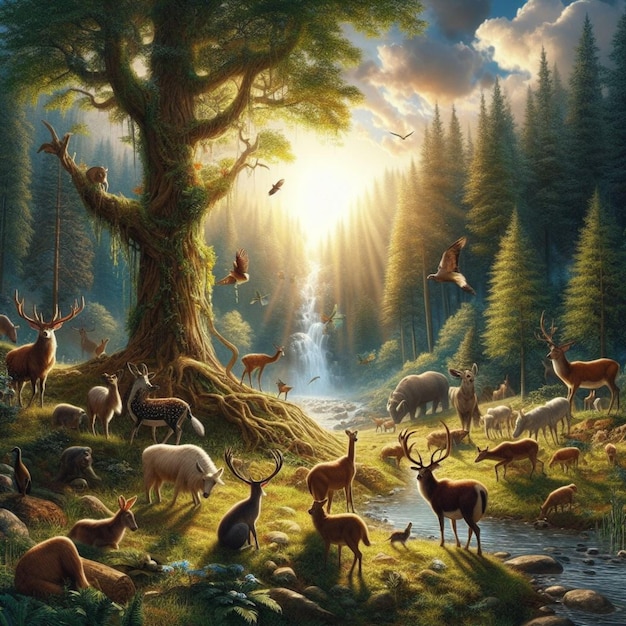 Een hyperrealistische, opvallende en ontzagwekkende afbeelding van dieren en het bos