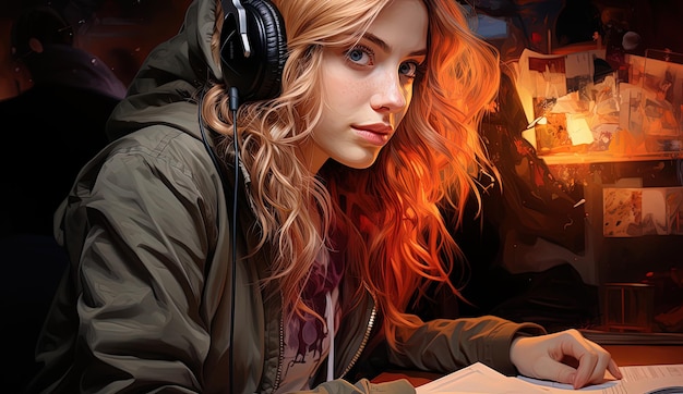 Een hyperrealistische tekening van een tienermeisje dat studeert met een grote koptelefoon in haar oren