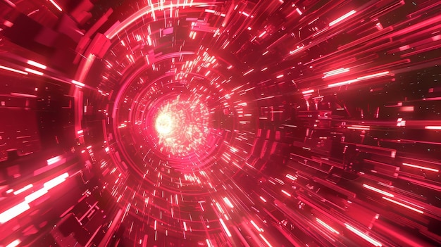 Een hyperspace tunnel in beweging met een cirkelvormig perspectief pulserend met rood licht Moderne illustratie van een realistisch ruimtevaartpatroon met neon gloeiende effecten