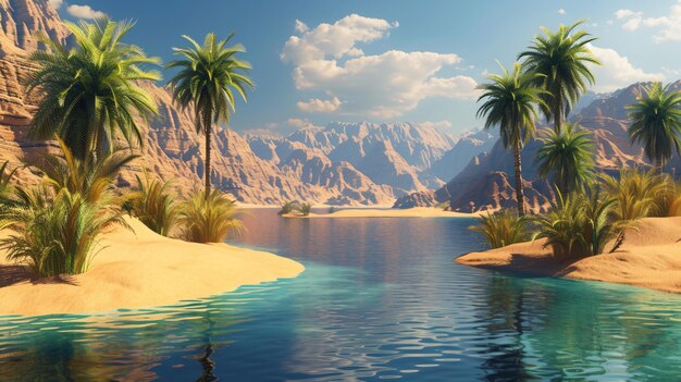 Foto een hypnotiserend 3d-beeld van een fractal desert oasis met levendige kleuren en ingewikkelde patronen die een gevoel van buitenaardse schoonheid en rust creëren.