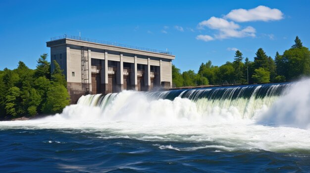 Foto een hypnotiserende longexposure opname van water dat door een hydro-elektrische dam stroomt die de schoonheid illustreert