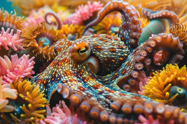 Een hypnotiserende scène van een gecamoufleerde octopus nestl generative ai