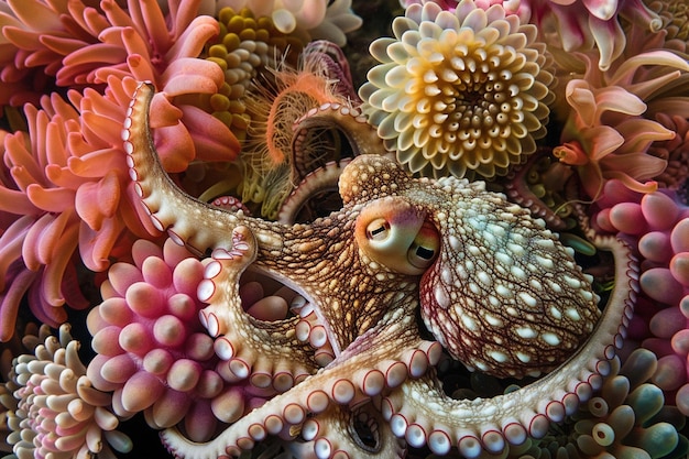 Een hypnotiserende scène van een gecamoufleerde octopus nestl generative ai