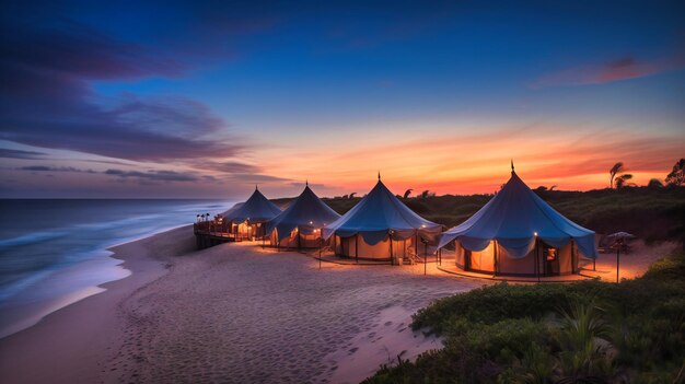 Een idyllisch beeld van luxueuze tentenkampen op een privé-eiland die een serene en exclusieve zomervakantie bieden