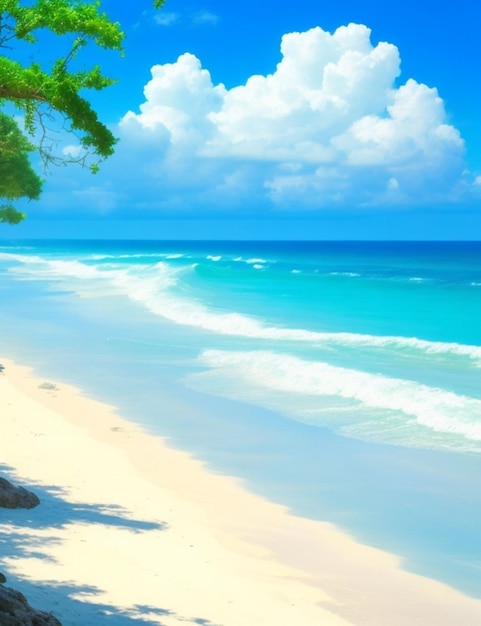 Een idyllisch strandtafereel met een levendige azuurblauwe lucht, witte golven en een vredige sfeer