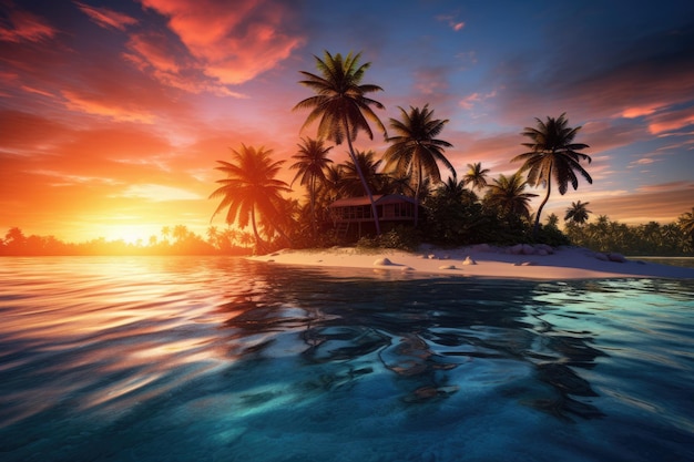 Een idyllisch tropisch eiland badend in de warme tinten van een adembenemende zonsondergang Een tropisch eiland met kristalheldere wateren en palmbomen bij zonsopgang