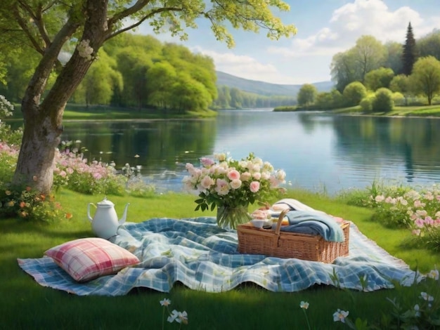 Een idyllische omgeving aan het meer met een picknick deken omringd door bloeiende bloemen en groen dit zou een ontspannende en ontspannen sfeer kunnen overbrengen