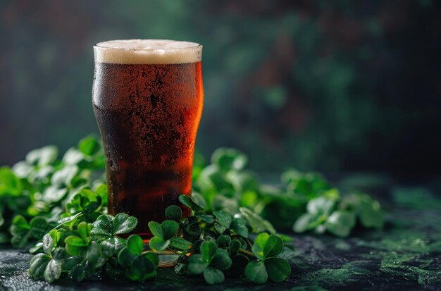 Foto een iers bier zit in een glas bovenop twee groene klaverblaadjes