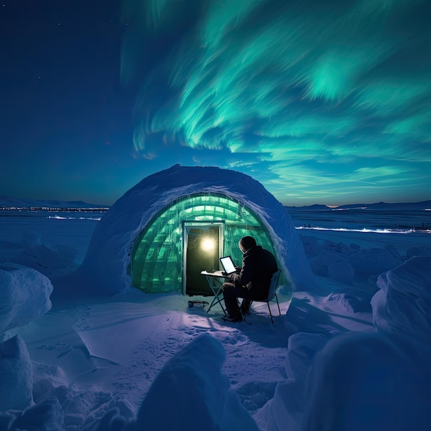 Een iglo in de Arctische wildernis, een tablet op een uit ijs gesneden voetstuk