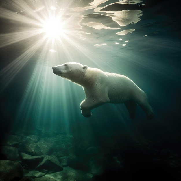 Een ijsbeer die onder water zwemt waar de zon op schijnt.